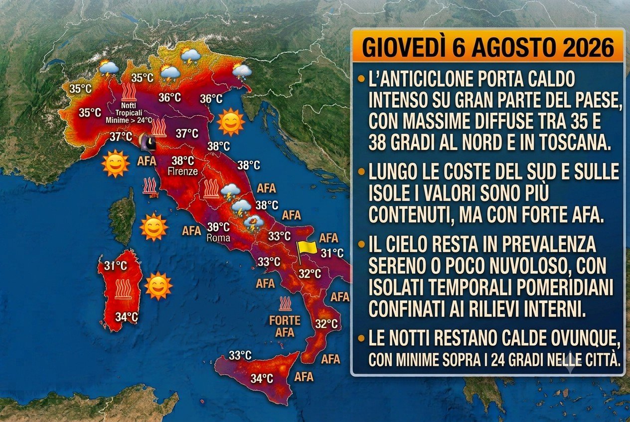 Caldo estremo in Italia: temperature fino a 38 gradi e notti tropicali